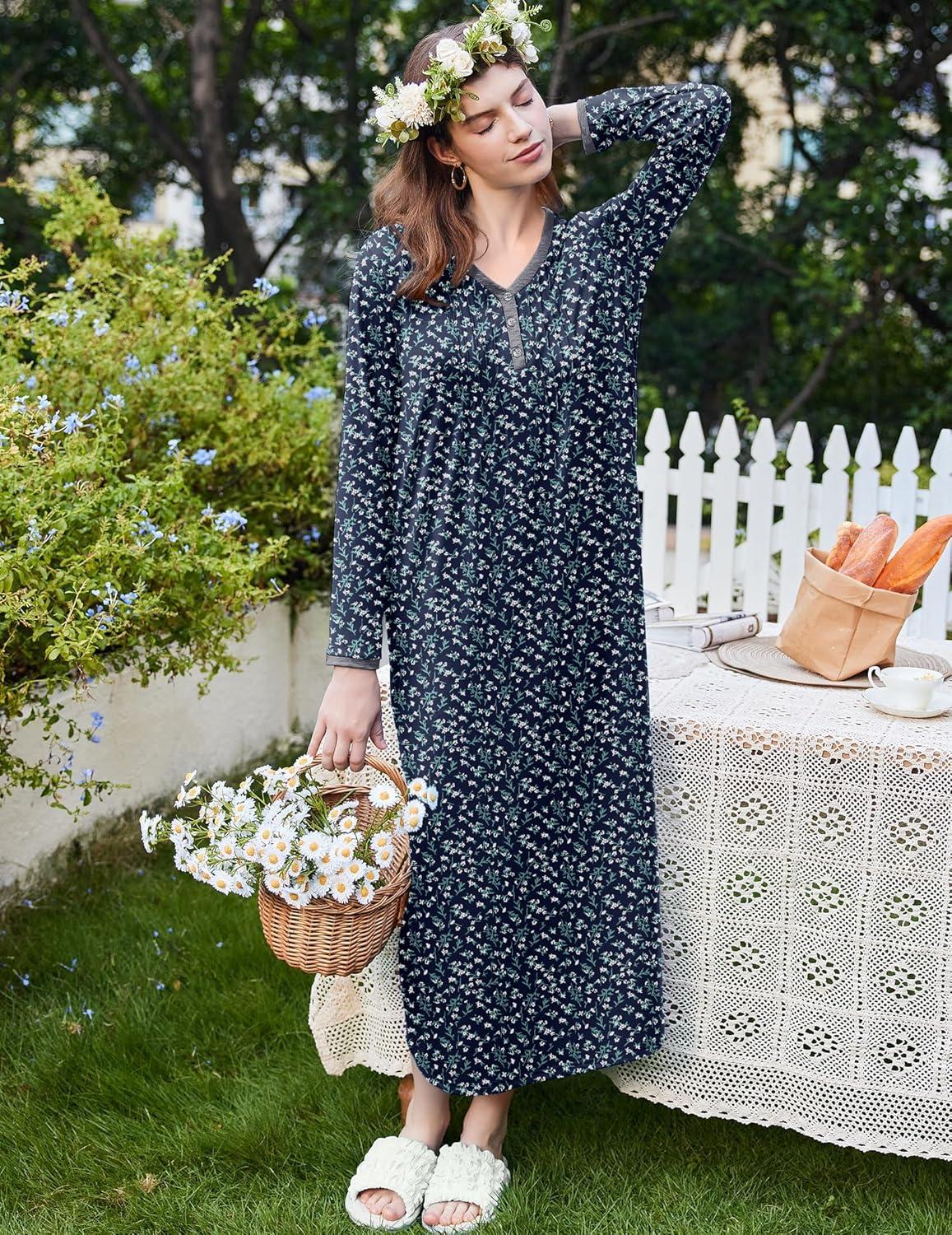 imageEkouaer Womens Long Sleeve Nightgown Full Length Sleepwear Long Sleepshirts Henley Sleep Dress S4XLAanavy Flowers