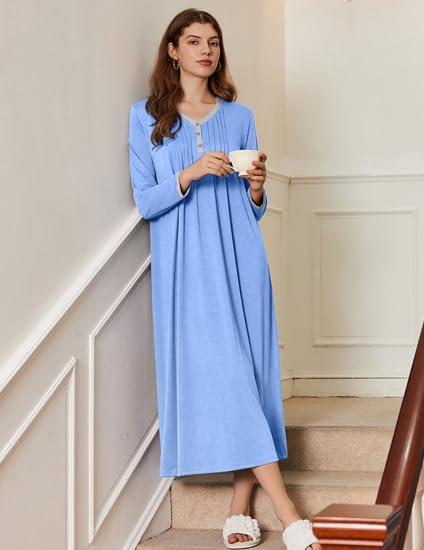 imageEkouaer Womens Long Sleeve Nightgown Full Length Sleepwear Long Sleepshirts Henley Sleep Dress S4XLAasky Blue