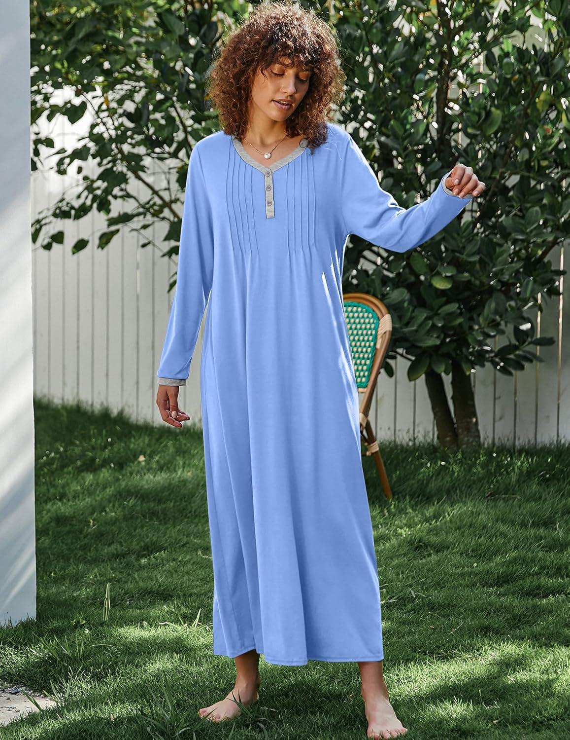 imageEkouaer Womens Long Sleeve Nightgown Full Length Sleepwear Long Sleepshirts Henley Sleep Dress S4XLAasky Blue