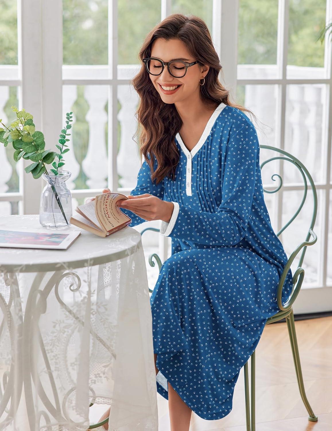 imageEkouaer Womens Long Sleeve Nightgown Full Length Sleepwear Long Sleepshirts Henley Sleep Dress S4XLAblue Dog Footprints