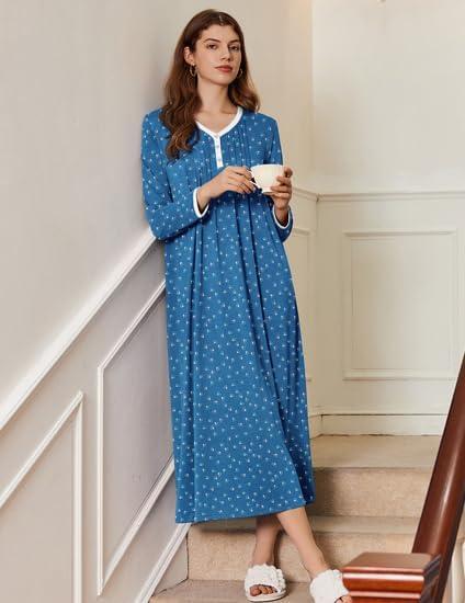 imageEkouaer Womens Long Sleeve Nightgown Full Length Sleepwear Long Sleepshirts Henley Sleep Dress S4XLAblue Dog Footprints