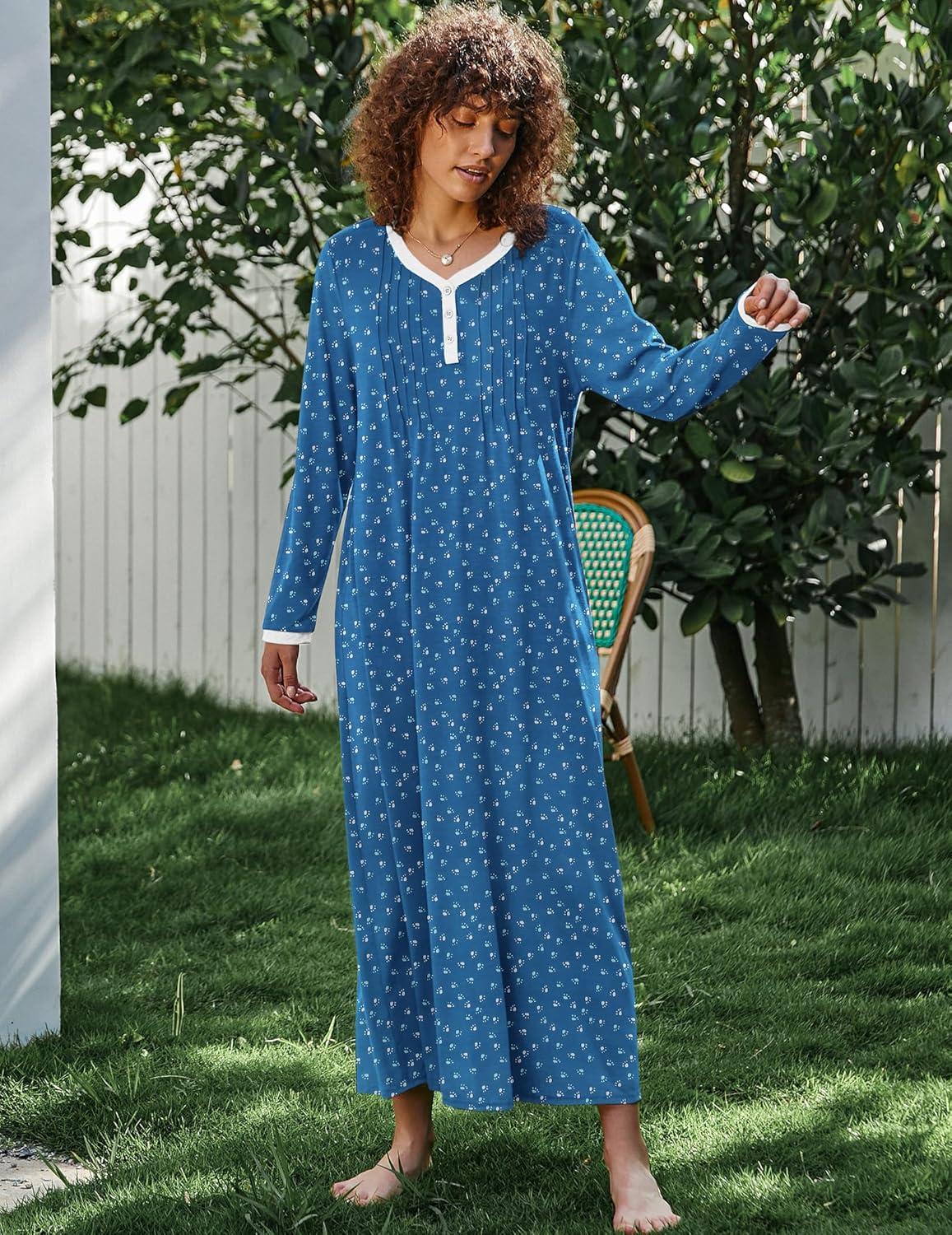 imageEkouaer Womens Long Sleeve Nightgown Full Length Sleepwear Long Sleepshirts Henley Sleep Dress S4XLAblue Dog Footprints