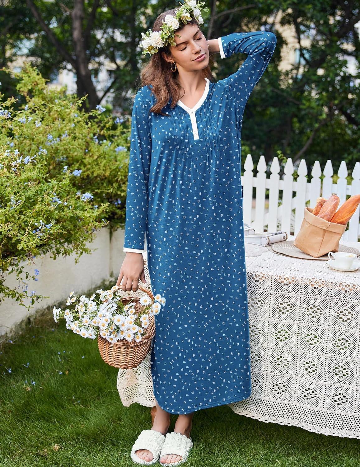 imageEkouaer Womens Long Sleeve Nightgown Full Length Sleepwear Long Sleepshirts Henley Sleep Dress S4XLAblue Dog Footprints