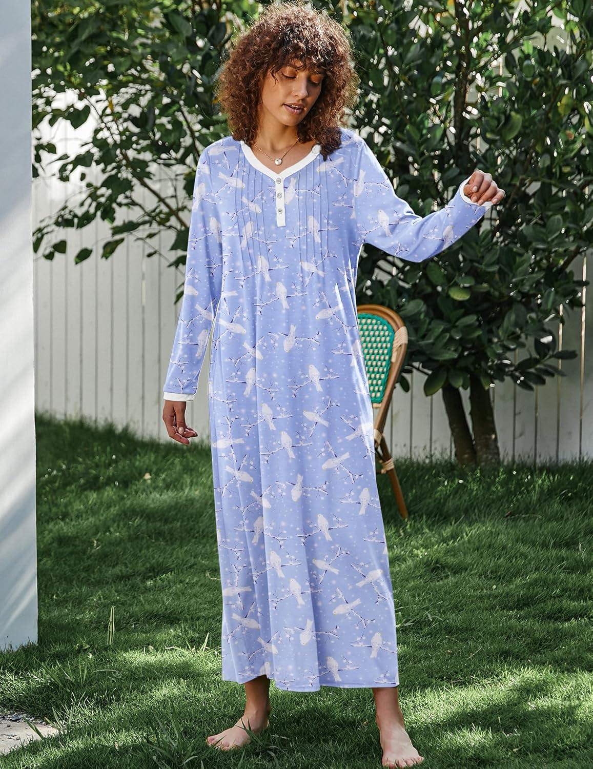 imageEkouaer Womens Long Sleeve Nightgown Full Length Sleepwear Long Sleepshirts Henley Sleep Dress S4XLAblue Pigeon