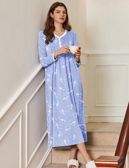 imageEkouaer Womens Long Sleeve Nightgown Full Length Sleepwear Long Sleepshirts Henley Sleep Dress S4XLAblue Pigeon
