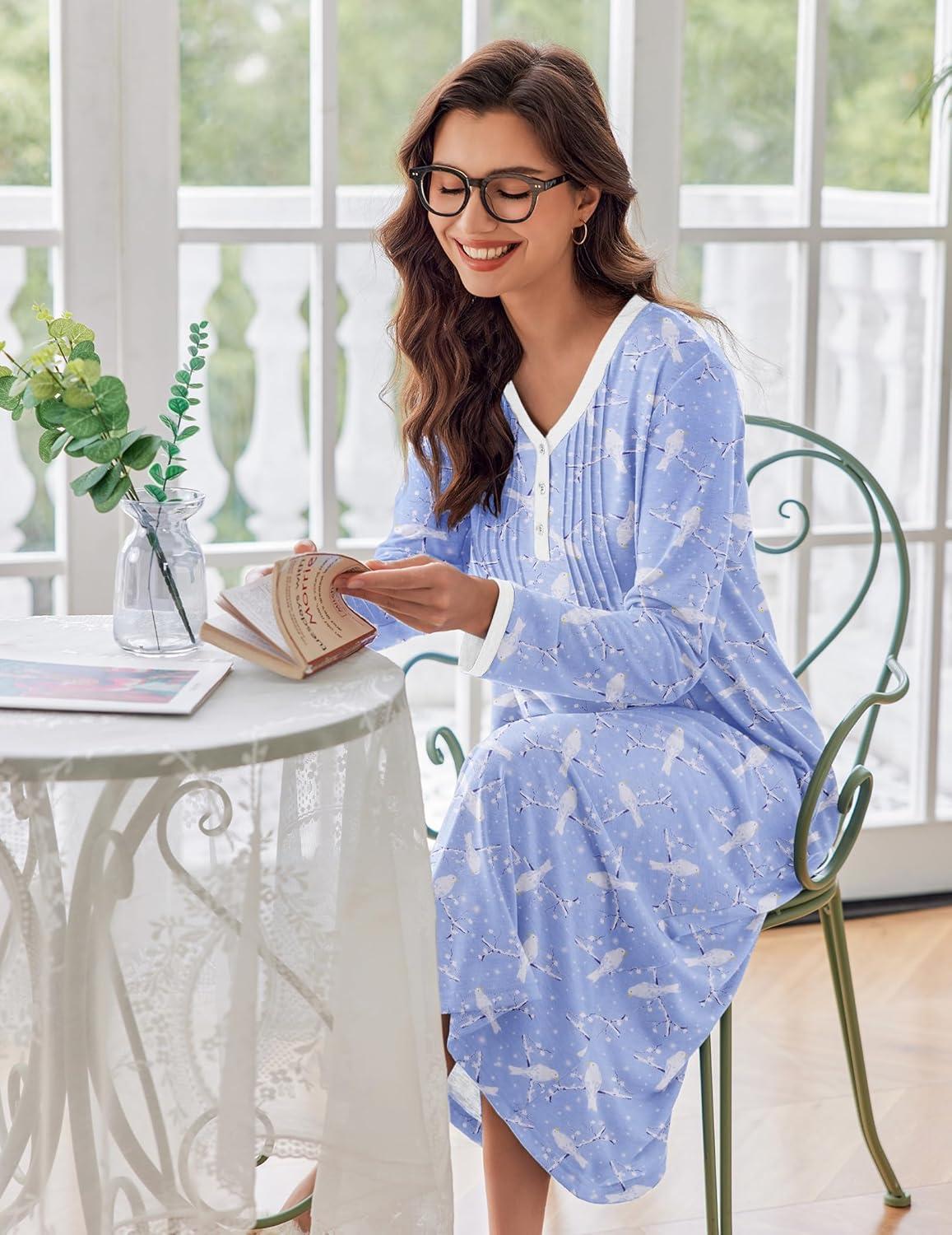 imageEkouaer Womens Long Sleeve Nightgown Full Length Sleepwear Long Sleepshirts Henley Sleep Dress S4XLAblue Pigeon