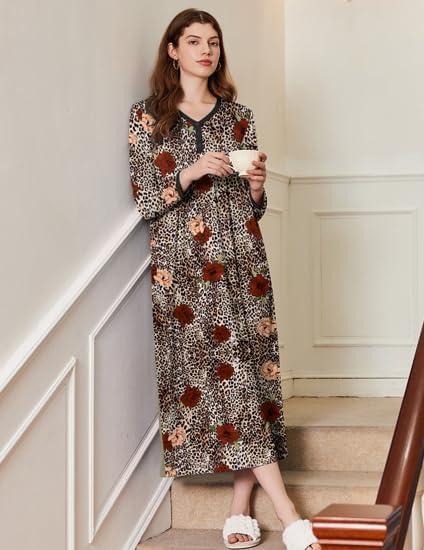 imageEkouaer Womens Long Sleeve Nightgown Full Length Sleepwear Long Sleepshirts Henley Sleep Dress S4XLAbrown Leopard Print