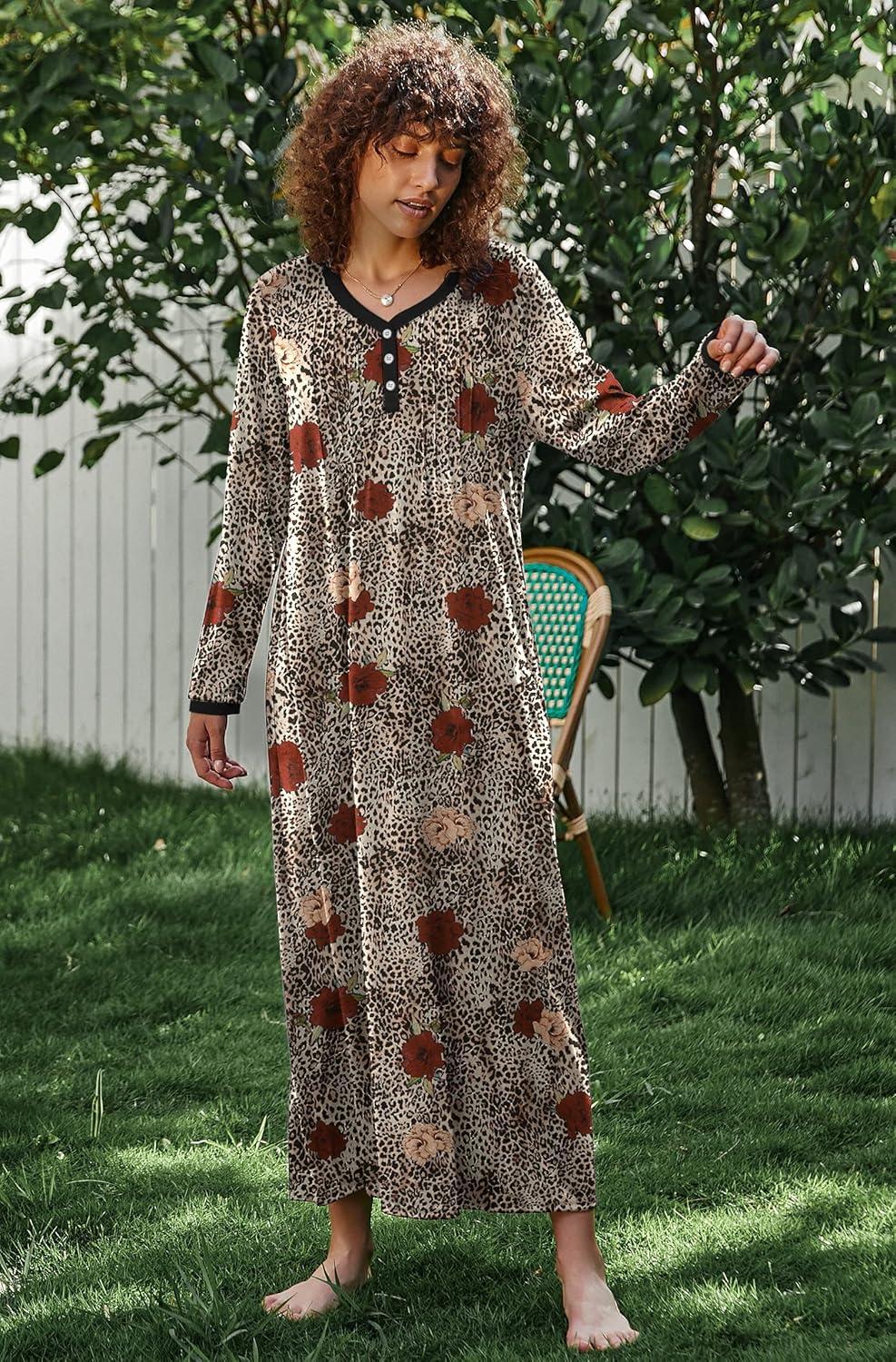 imageEkouaer Womens Long Sleeve Nightgown Full Length Sleepwear Long Sleepshirts Henley Sleep Dress S4XLAbrown Leopard Print