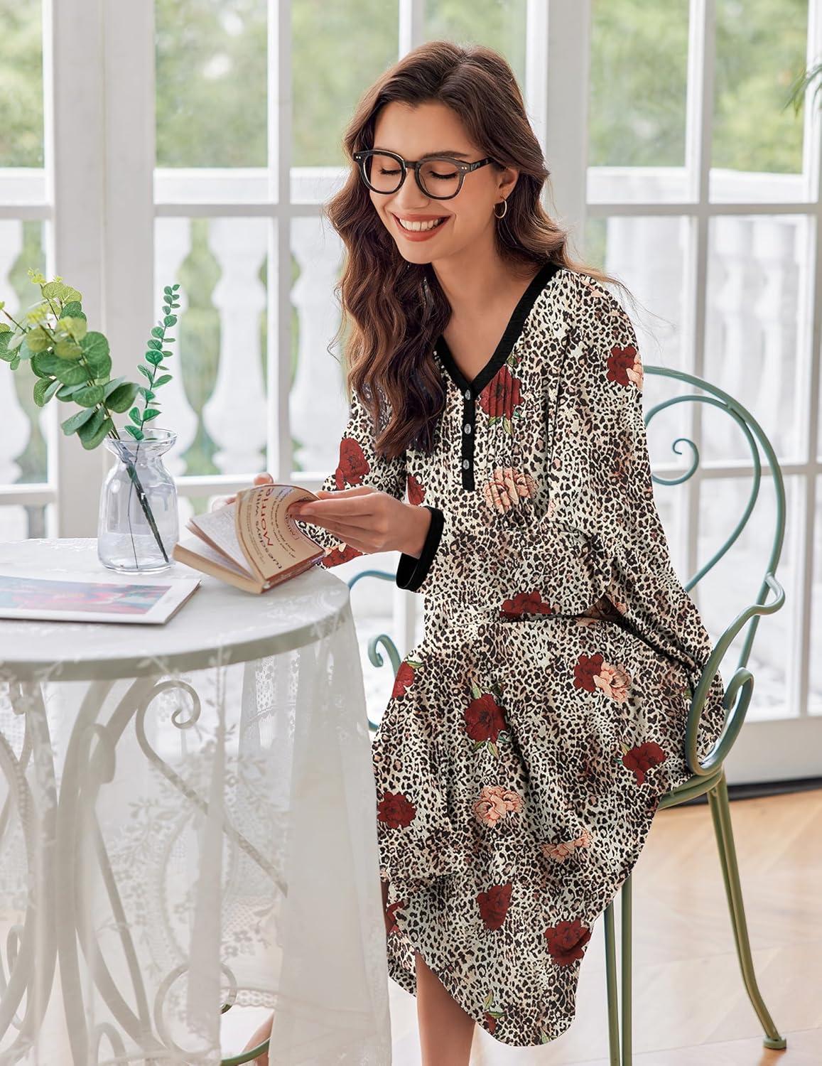 imageEkouaer Womens Long Sleeve Nightgown Full Length Sleepwear Long Sleepshirts Henley Sleep Dress S4XLAbrown Leopard Print