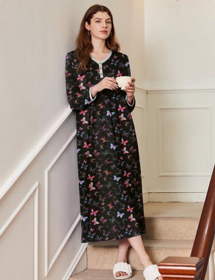 imageEkouaer Womens Long Sleeve Nightgown Full Length Sleepwear Long Sleepshirts Henley Sleep Dress S4XLBbbutterfly