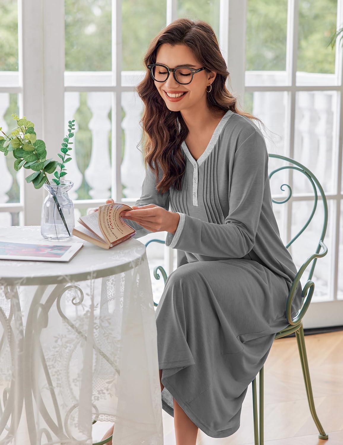 imageEkouaer Womens Long Sleeve Nightgown Full Length Sleepwear Long Sleepshirts Henley Sleep Dress S4XLBdark Grey