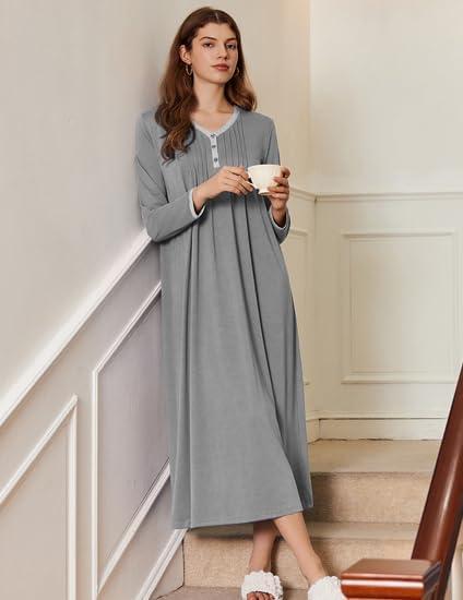 imageEkouaer Womens Long Sleeve Nightgown Full Length Sleepwear Long Sleepshirts Henley Sleep Dress S4XLBdark Grey