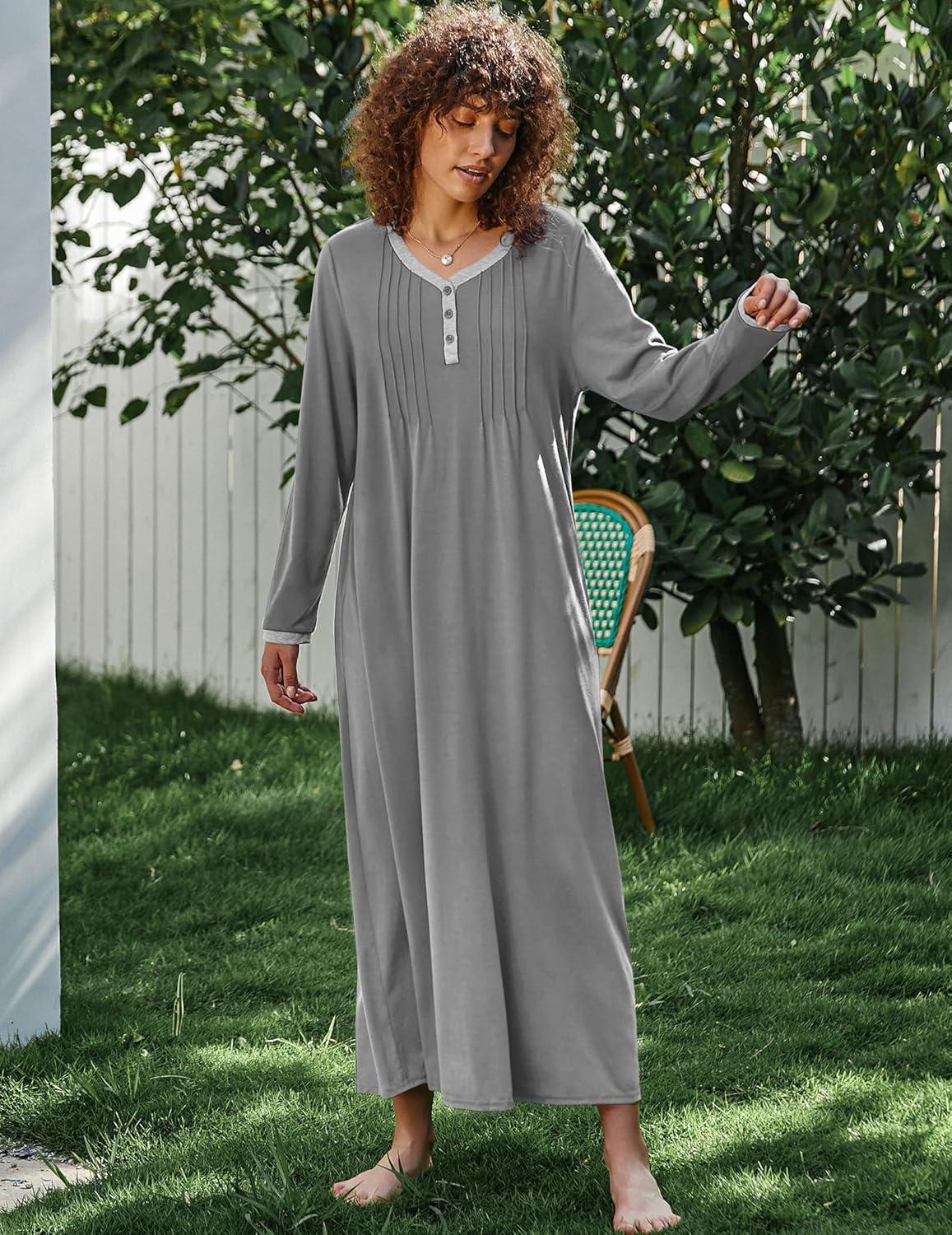 imageEkouaer Womens Long Sleeve Nightgown Full Length Sleepwear Long Sleepshirts Henley Sleep Dress S4XLBdark Grey