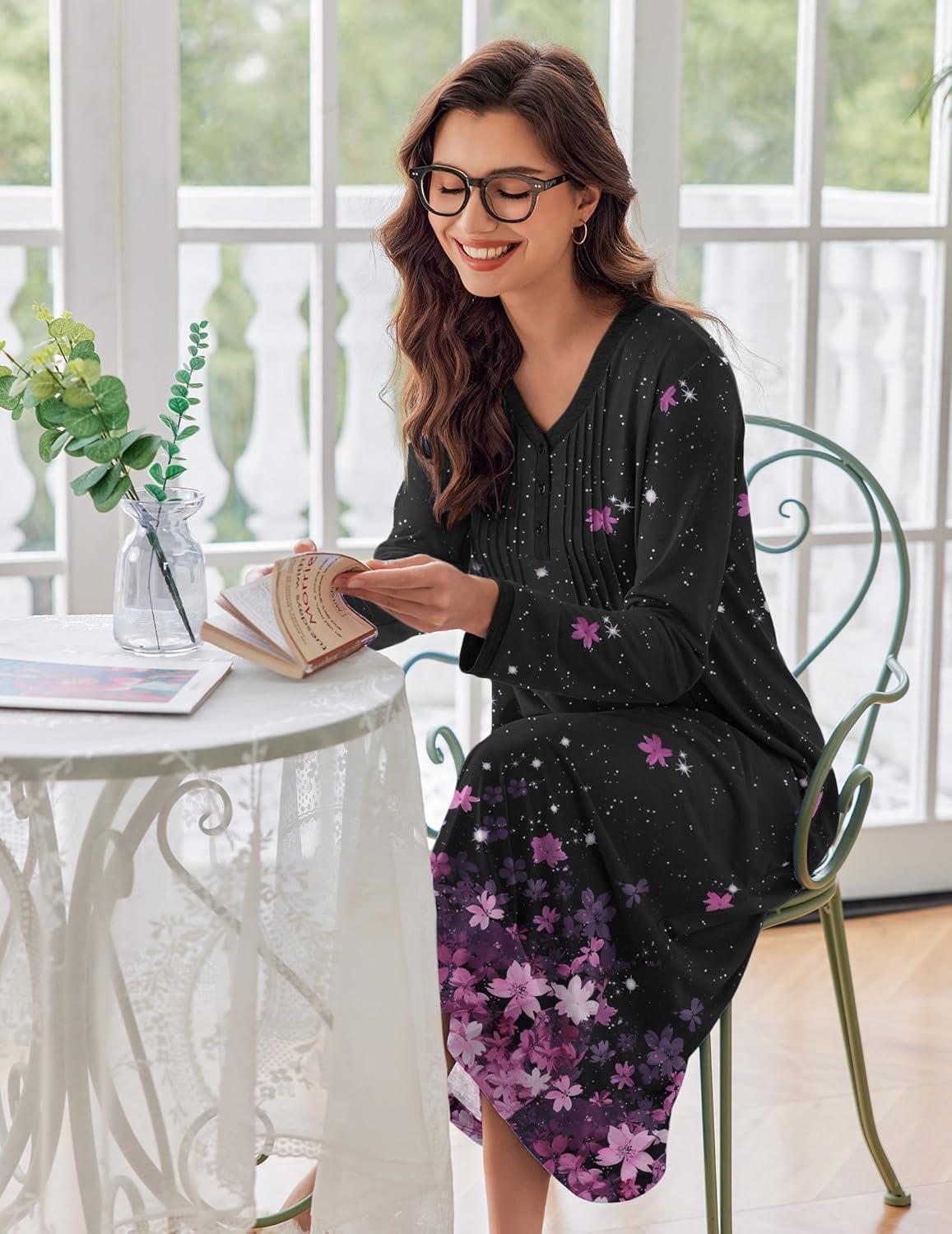 imageEkouaer Womens Long Sleeve Nightgown Full Length Sleepwear Long Sleepshirts Henley Sleep Dress S4XLBlack Sakura