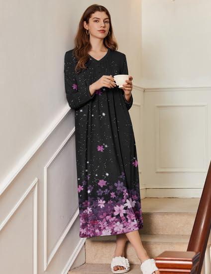 imageEkouaer Womens Long Sleeve Nightgown Full Length Sleepwear Long Sleepshirts Henley Sleep Dress S4XLBlack Sakura