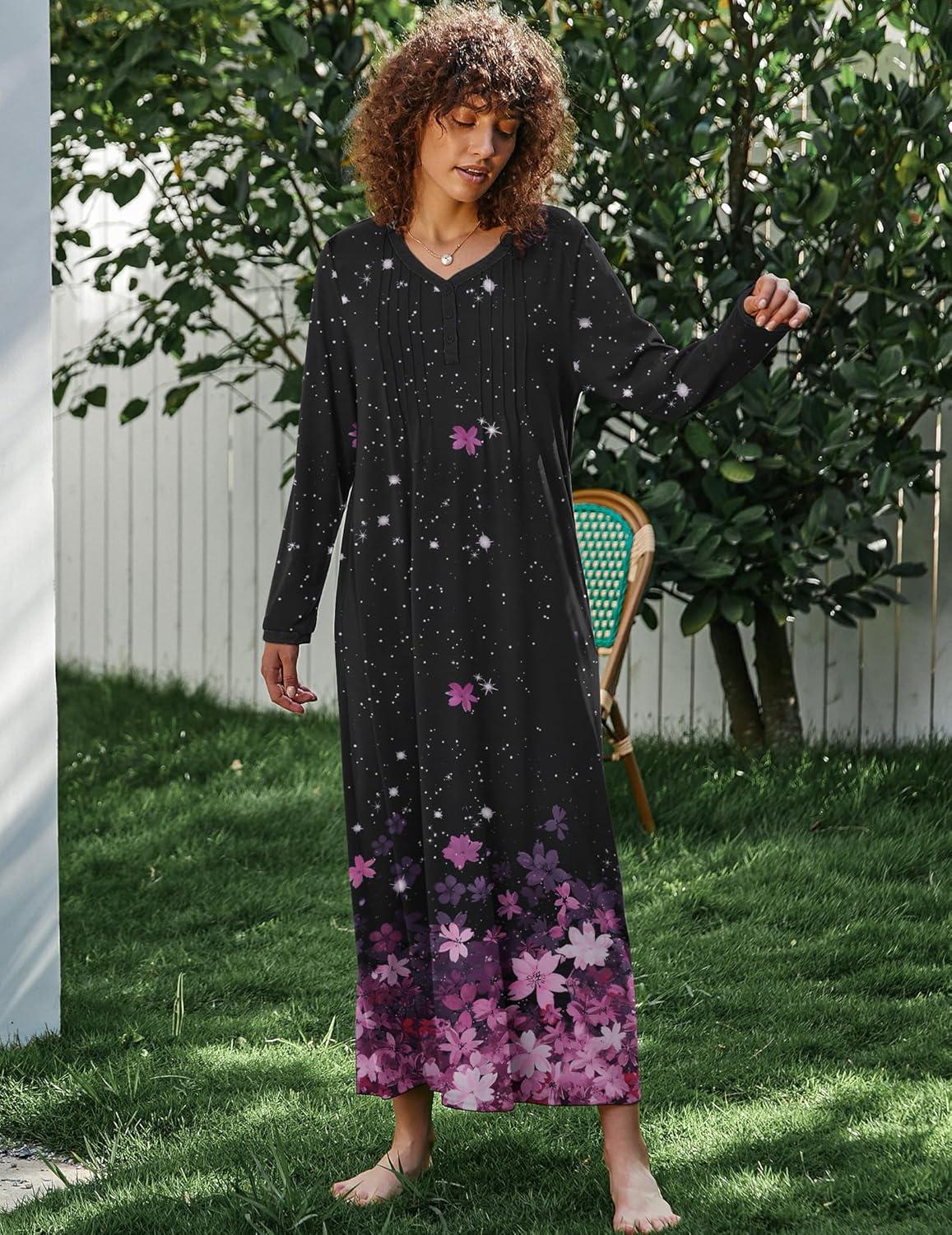 imageEkouaer Womens Long Sleeve Nightgown Full Length Sleepwear Long Sleepshirts Henley Sleep Dress S4XLBlack Sakura