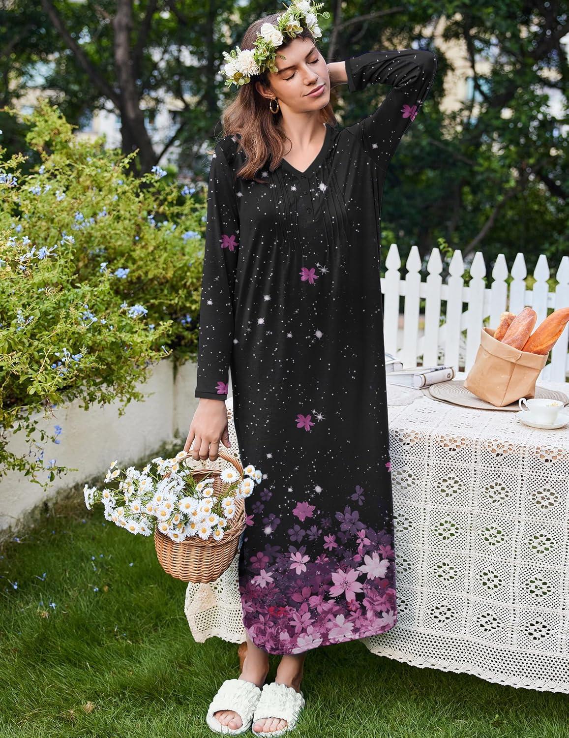 imageEkouaer Womens Long Sleeve Nightgown Full Length Sleepwear Long Sleepshirts Henley Sleep Dress S4XLBlack Sakura