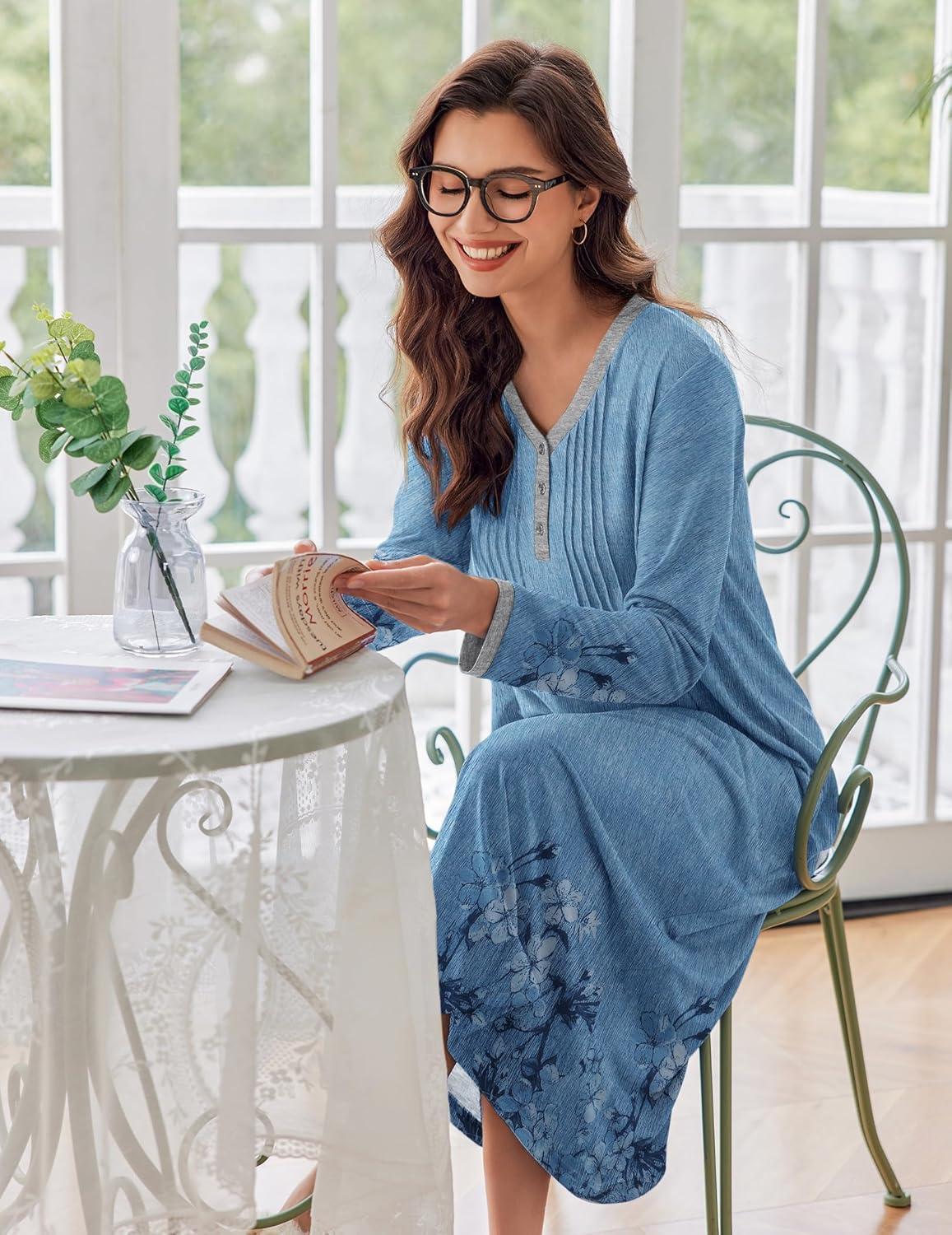 imageEkouaer Womens Long Sleeve Nightgown Full Length Sleepwear Long Sleepshirts Henley Sleep Dress S4XLBlue Ink Flower