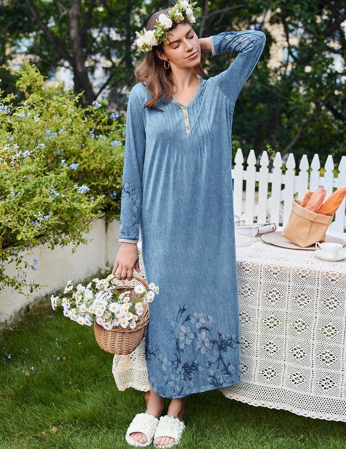 imageEkouaer Womens Long Sleeve Nightgown Full Length Sleepwear Long Sleepshirts Henley Sleep Dress S4XLBlue Ink Flower