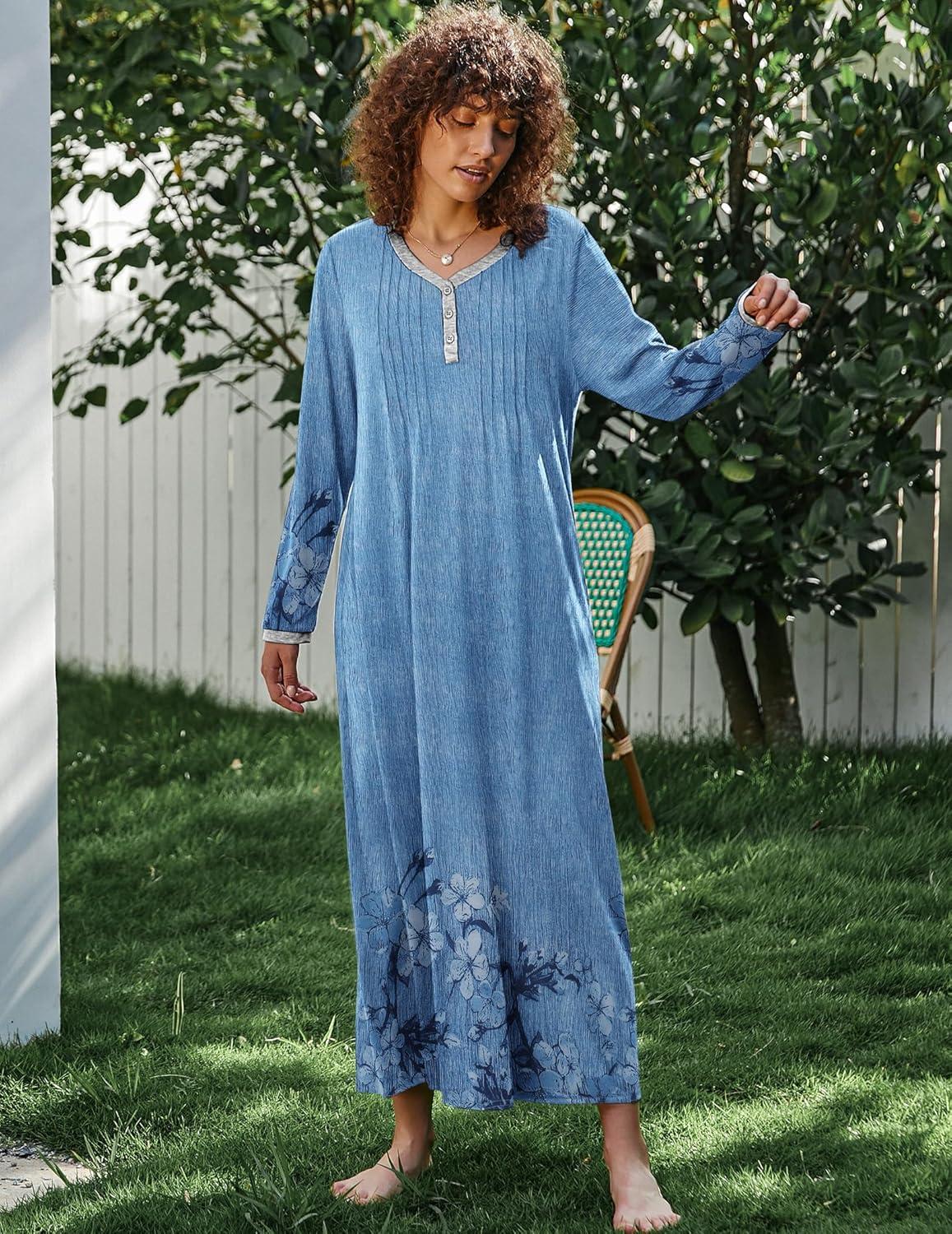 imageEkouaer Womens Long Sleeve Nightgown Full Length Sleepwear Long Sleepshirts Henley Sleep Dress S4XLBlue Ink Flower