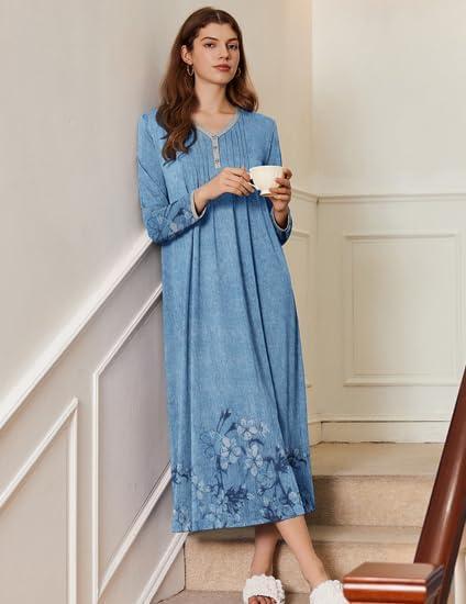 imageEkouaer Womens Long Sleeve Nightgown Full Length Sleepwear Long Sleepshirts Henley Sleep Dress S4XLBlue Ink Flower