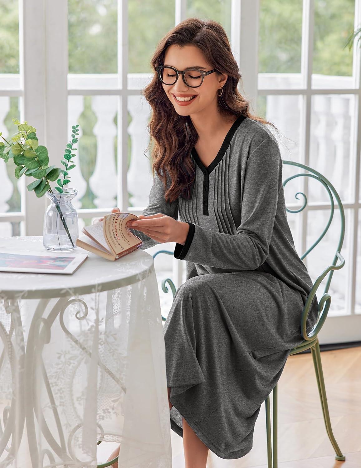 imageEkouaer Womens Long Sleeve Nightgown Full Length Sleepwear Long Sleepshirts Henley Sleep Dress S4XLBmedium Grey