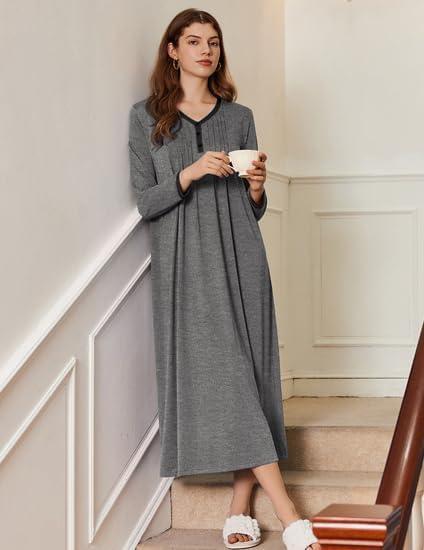 imageEkouaer Womens Long Sleeve Nightgown Full Length Sleepwear Long Sleepshirts Henley Sleep Dress S4XLBmedium Grey