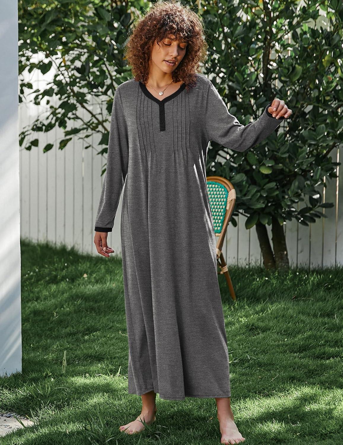 imageEkouaer Womens Long Sleeve Nightgown Full Length Sleepwear Long Sleepshirts Henley Sleep Dress S4XLBmedium Grey