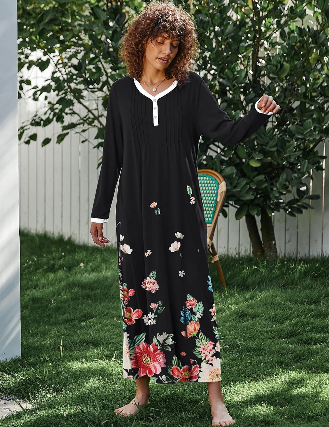 imageEkouaer Womens Long Sleeve Nightgown Full Length Sleepwear Long Sleepshirts Henley Sleep Dress S4XLCacolored Flowers