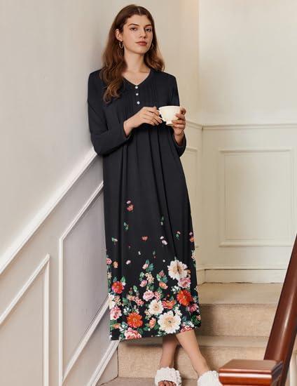 imageEkouaer Womens Long Sleeve Nightgown Full Length Sleepwear Long Sleepshirts Henley Sleep Dress S4XLCacolored Flowers
