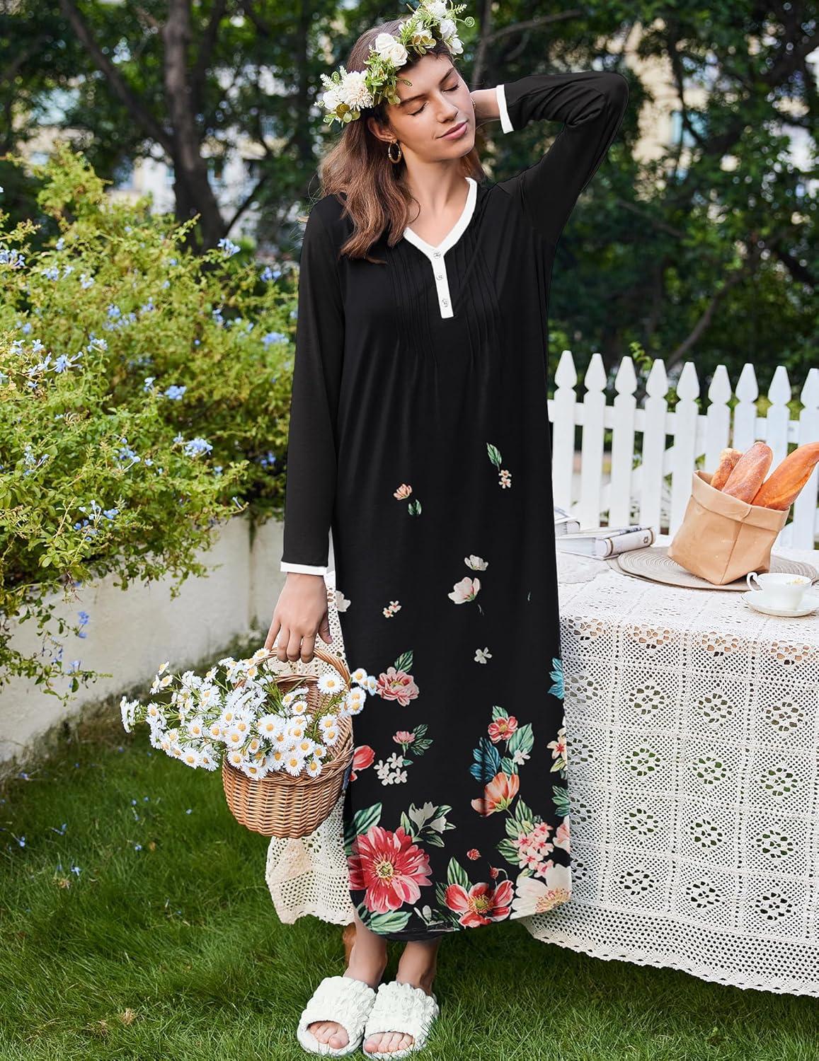 imageEkouaer Womens Long Sleeve Nightgown Full Length Sleepwear Long Sleepshirts Henley Sleep Dress S4XLCacolored Flowers