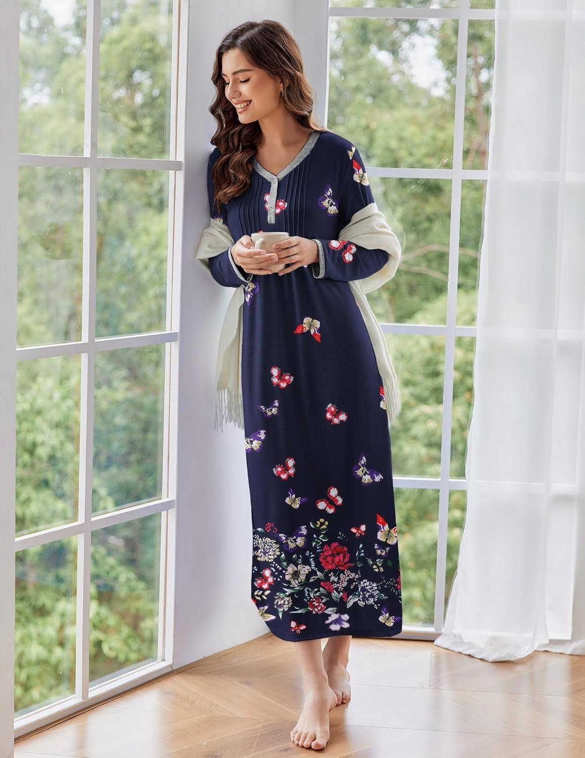 imageEkouaer Womens Long Sleeve Nightgown Full Length Sleepwear Long Sleepshirts Henley Sleep Dress S4XLCblack Butterfly