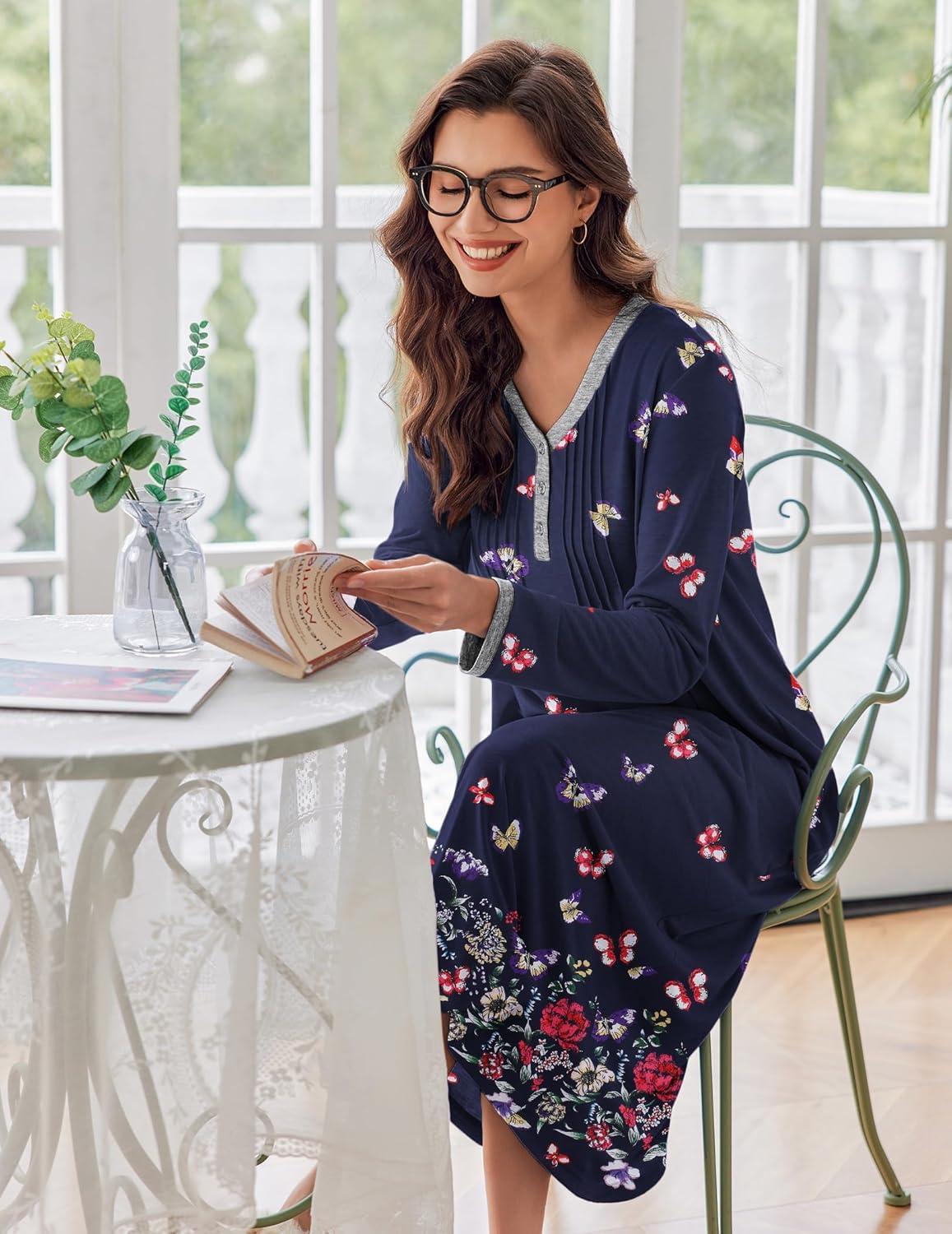imageEkouaer Womens Long Sleeve Nightgown Full Length Sleepwear Long Sleepshirts Henley Sleep Dress S4XLCblack Butterfly