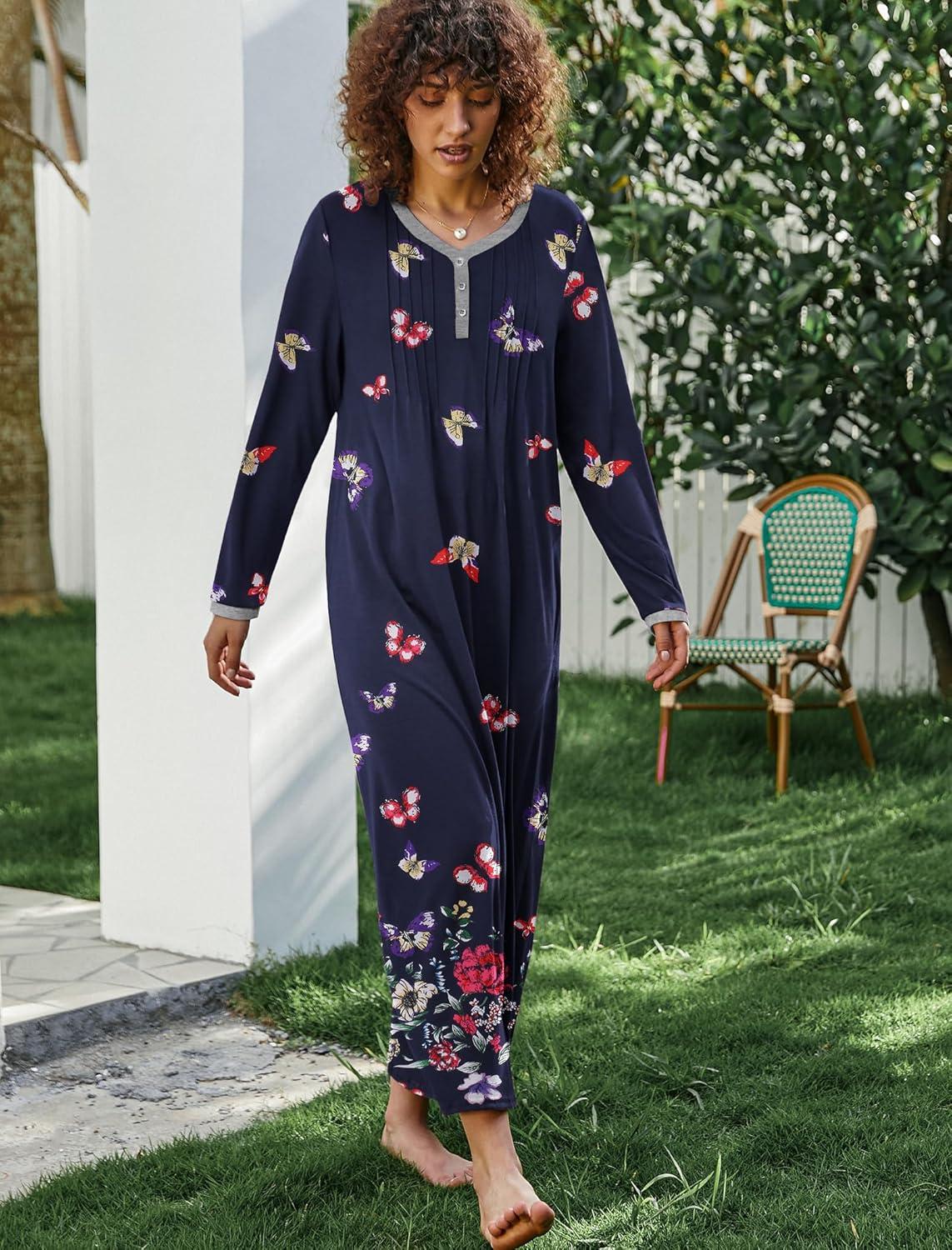 imageEkouaer Womens Long Sleeve Nightgown Full Length Sleepwear Long Sleepshirts Henley Sleep Dress S4XLCblack Butterfly