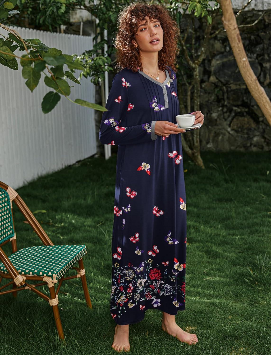 imageEkouaer Womens Long Sleeve Nightgown Full Length Sleepwear Long Sleepshirts Henley Sleep Dress S4XLCblack Butterfly