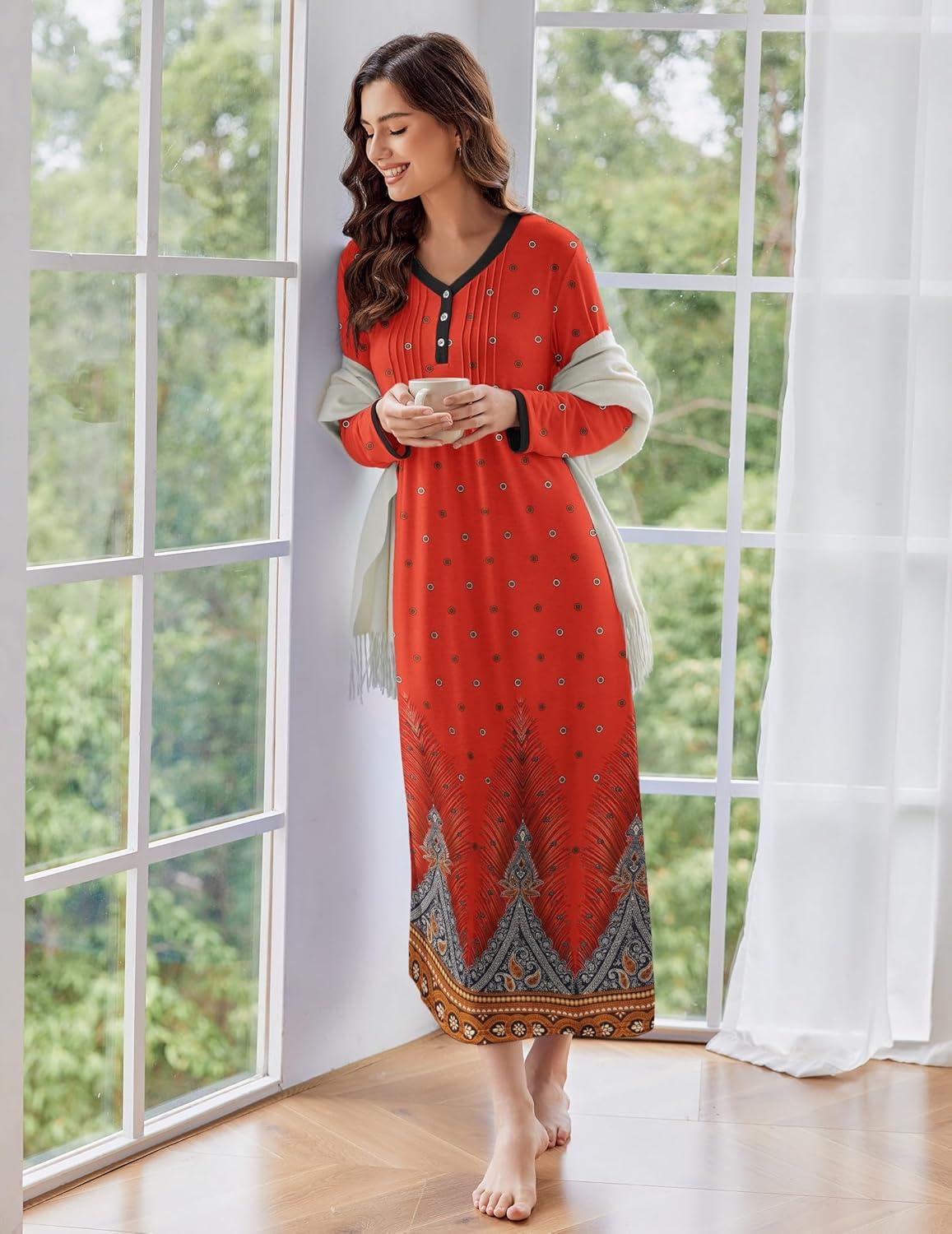 imageEkouaer Womens Long Sleeve Nightgown Full Length Sleepwear Long Sleepshirts Henley Sleep Dress S4XLCred Peacock Feather