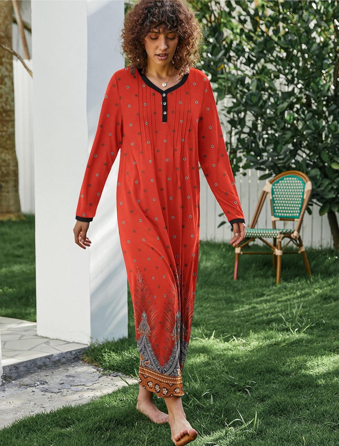 imageEkouaer Womens Long Sleeve Nightgown Full Length Sleepwear Long Sleepshirts Henley Sleep Dress S4XLCred Peacock Feather