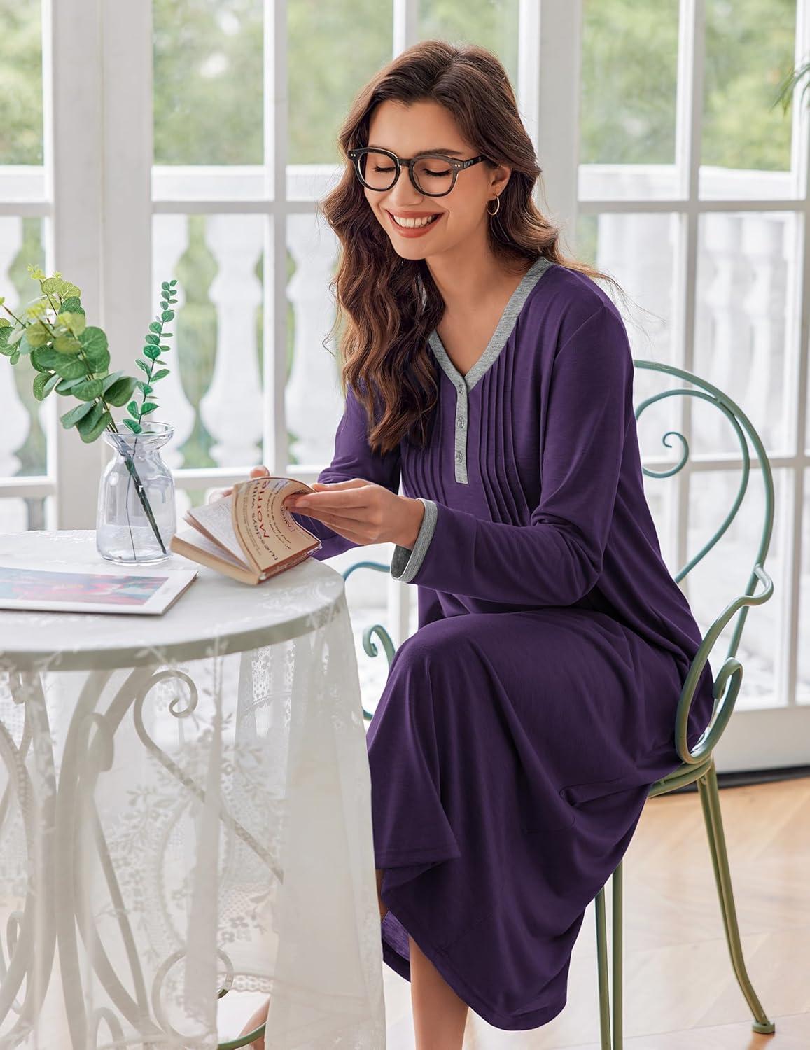 imageEkouaer Womens Long Sleeve Nightgown Full Length Sleepwear Long Sleepshirts Henley Sleep Dress S4XLDark Purple