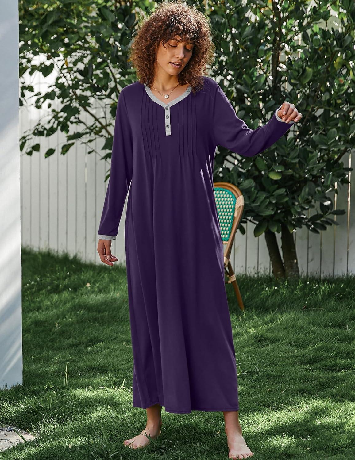 imageEkouaer Womens Long Sleeve Nightgown Full Length Sleepwear Long Sleepshirts Henley Sleep Dress S4XLDark Purple