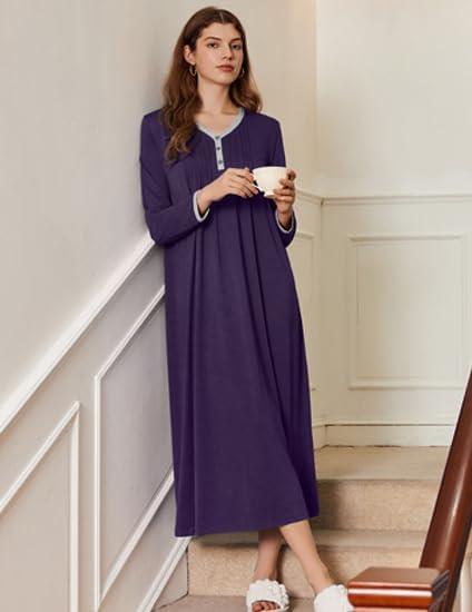 imageEkouaer Womens Long Sleeve Nightgown Full Length Sleepwear Long Sleepshirts Henley Sleep Dress S4XLDark Purple