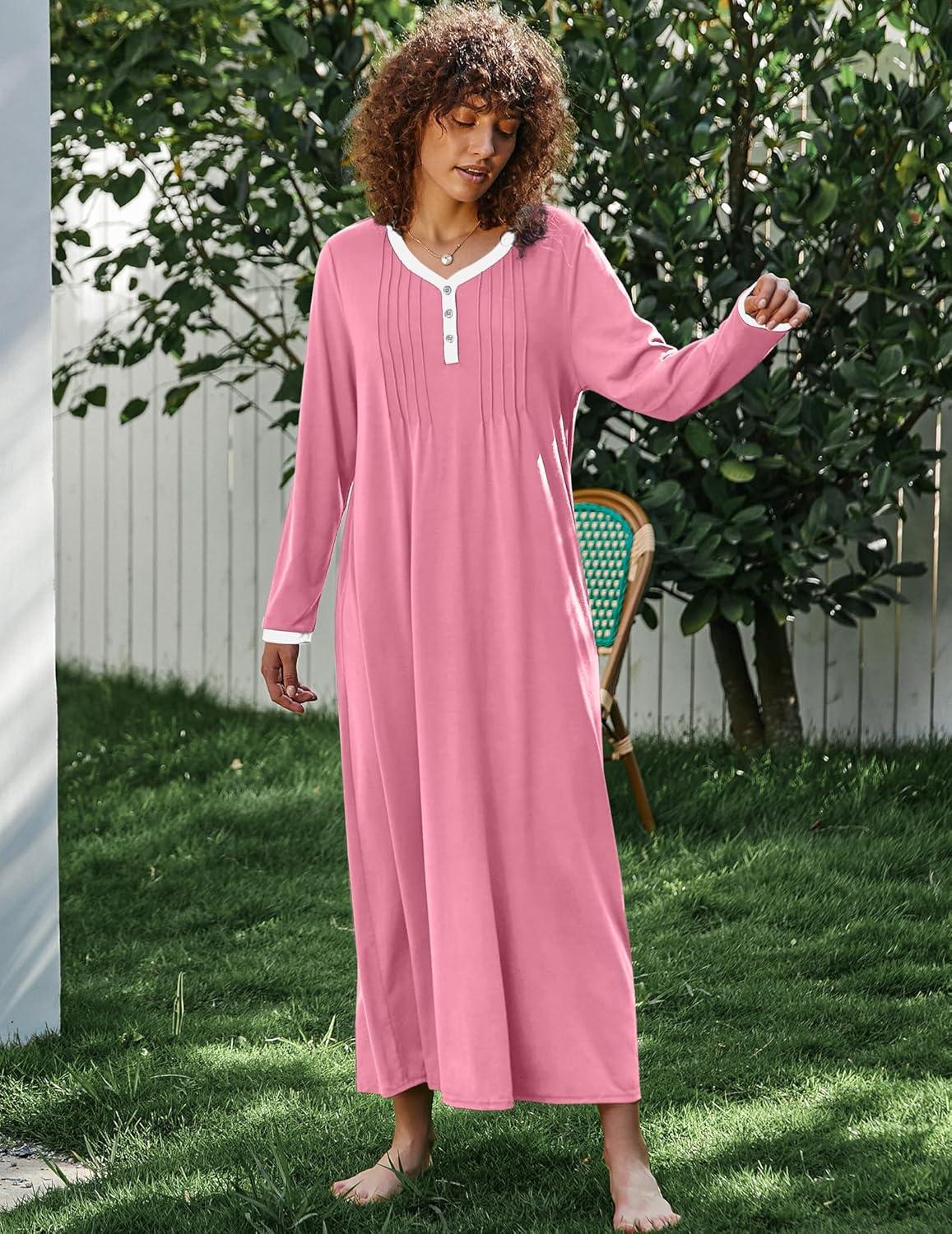imageEkouaer Womens Long Sleeve Nightgown Full Length Sleepwear Long Sleepshirts Henley Sleep Dress S4XLPink