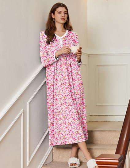 imageEkouaer Womens Long Sleeve Nightgown Full Length Sleepwear Long Sleepshirts Henley Sleep Dress S4XLPink Flowers
