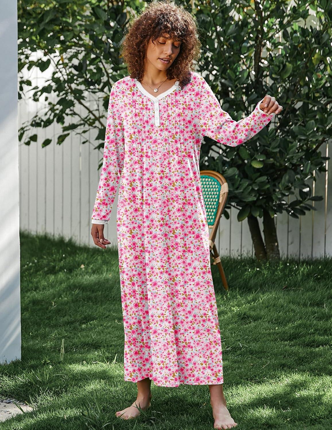 imageEkouaer Womens Long Sleeve Nightgown Full Length Sleepwear Long Sleepshirts Henley Sleep Dress S4XLPink Flowers