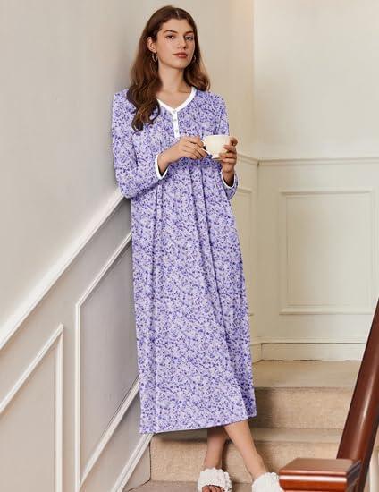 imageEkouaer Womens Long Sleeve Nightgown Full Length Sleepwear Long Sleepshirts Henley Sleep Dress S4XLPurple Floral