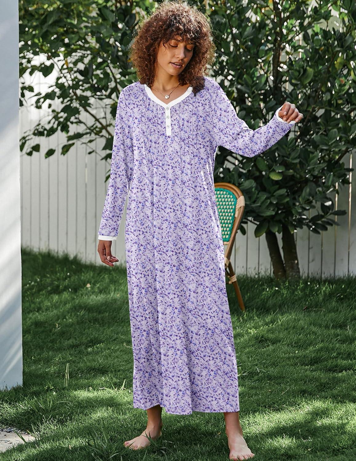 imageEkouaer Womens Long Sleeve Nightgown Full Length Sleepwear Long Sleepshirts Henley Sleep Dress S4XLPurple Floral