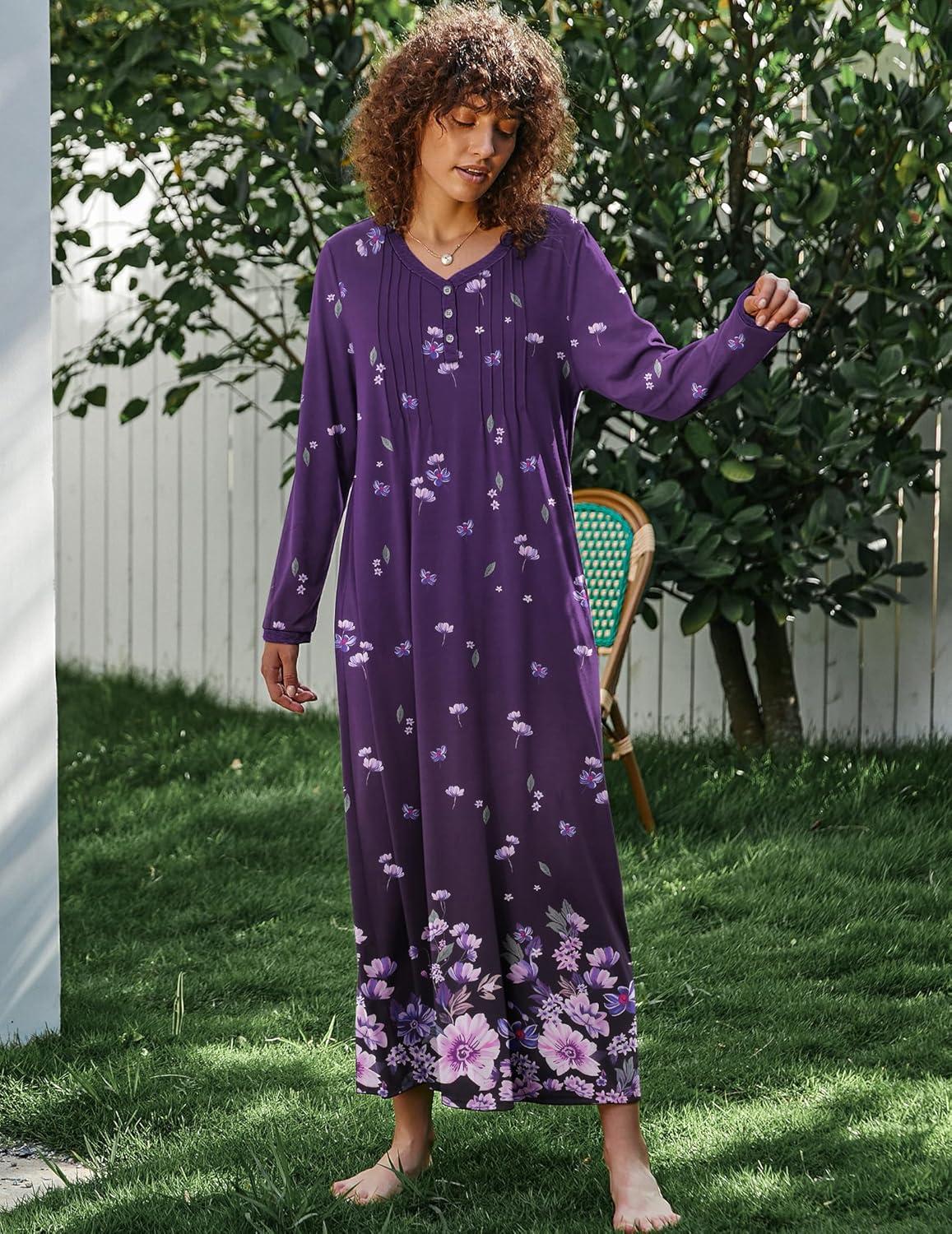 imageEkouaer Womens Long Sleeve Nightgown Full Length Sleepwear Long Sleepshirts Henley Sleep Dress S4XLPurple Flower