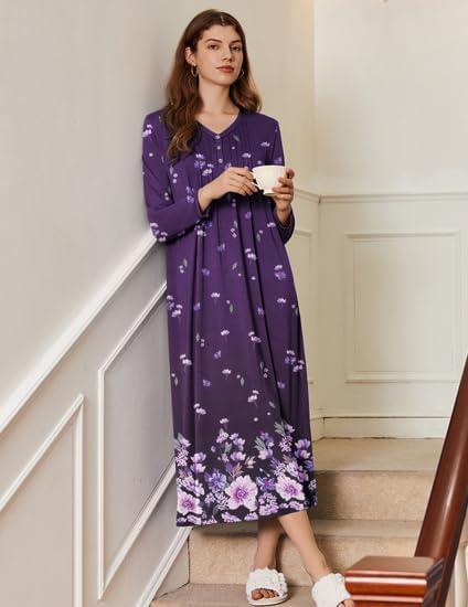 imageEkouaer Womens Long Sleeve Nightgown Full Length Sleepwear Long Sleepshirts Henley Sleep Dress S4XLPurple Flower