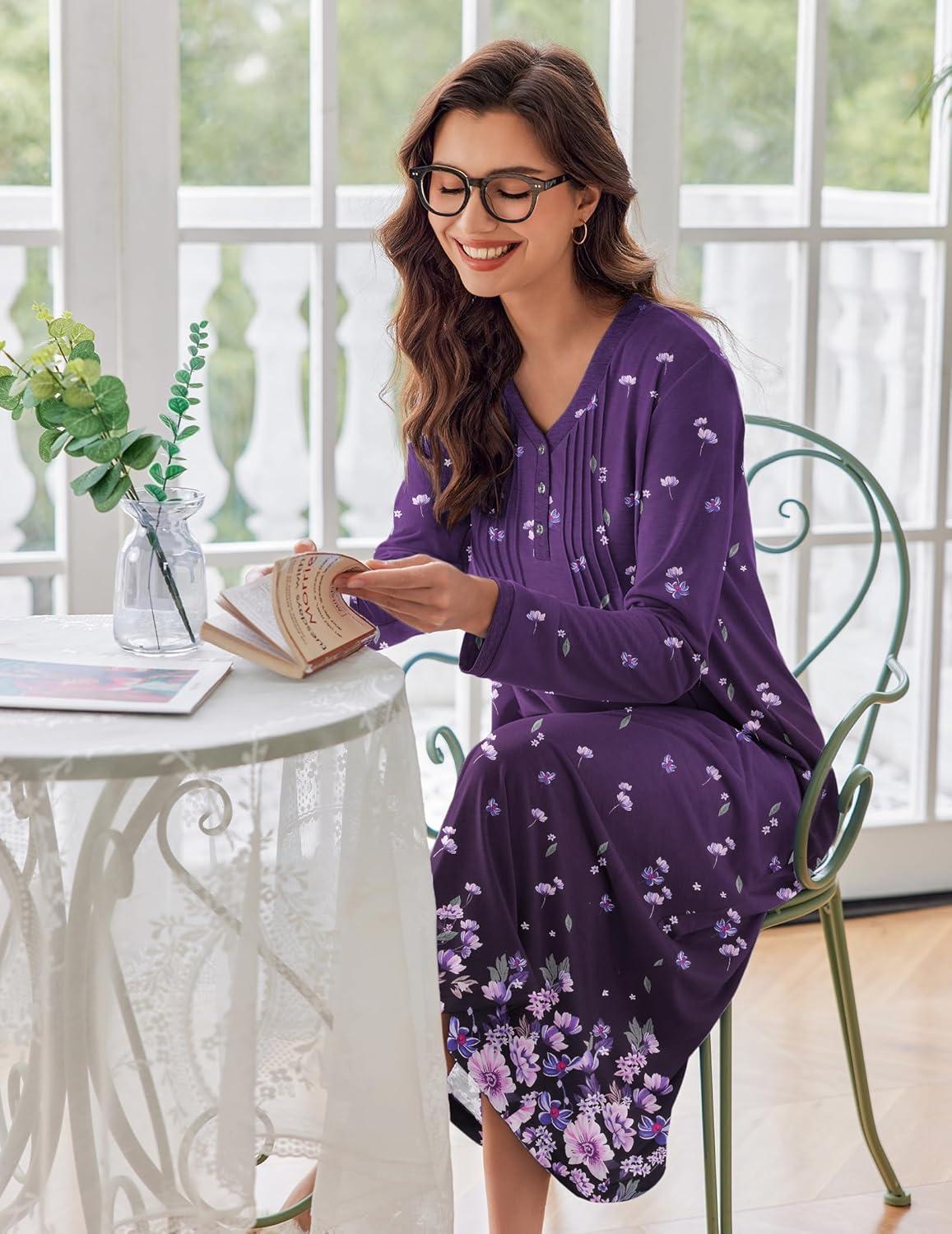 imageEkouaer Womens Long Sleeve Nightgown Full Length Sleepwear Long Sleepshirts Henley Sleep Dress S4XLPurple Flower