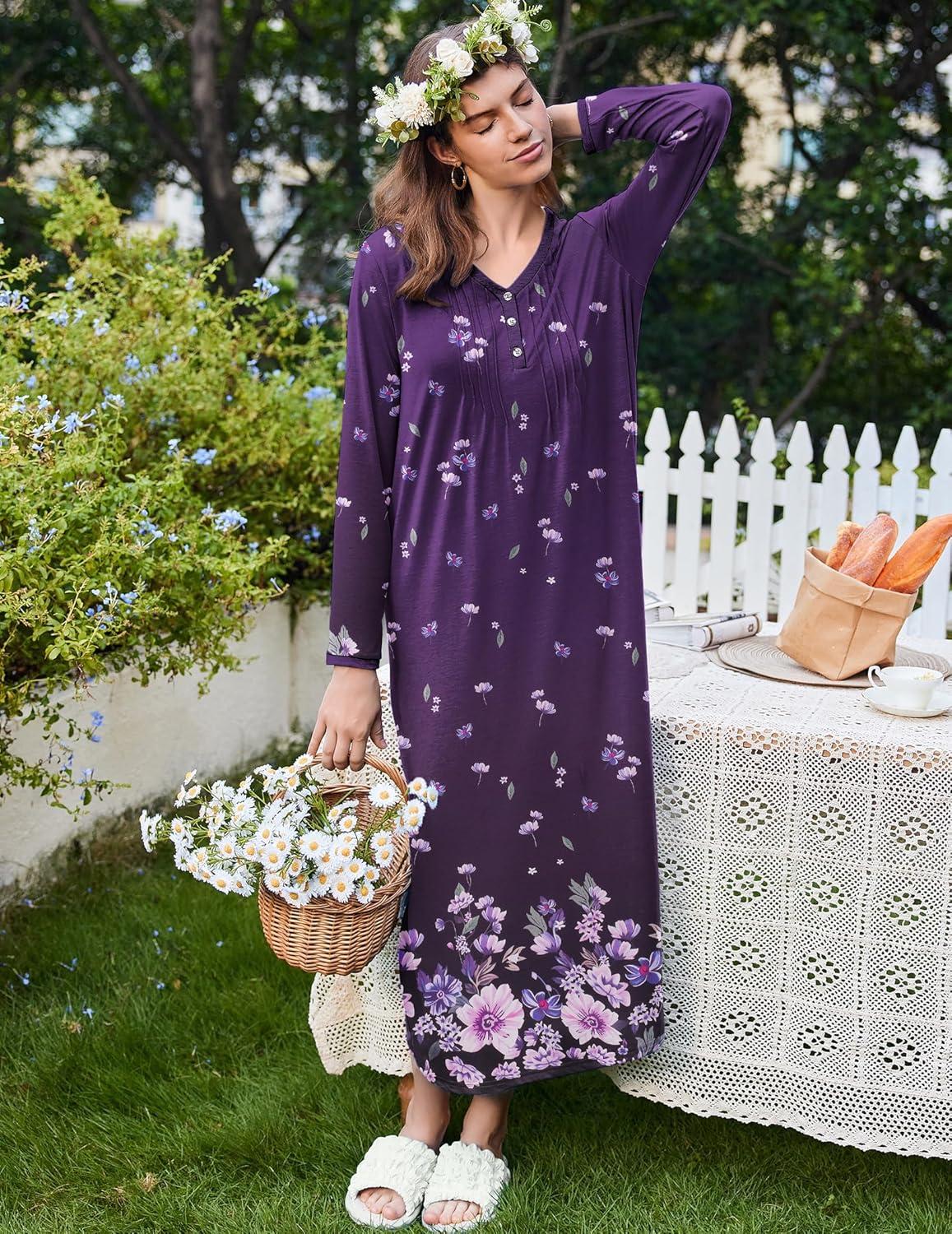 imageEkouaer Womens Long Sleeve Nightgown Full Length Sleepwear Long Sleepshirts Henley Sleep Dress S4XLPurple Flower