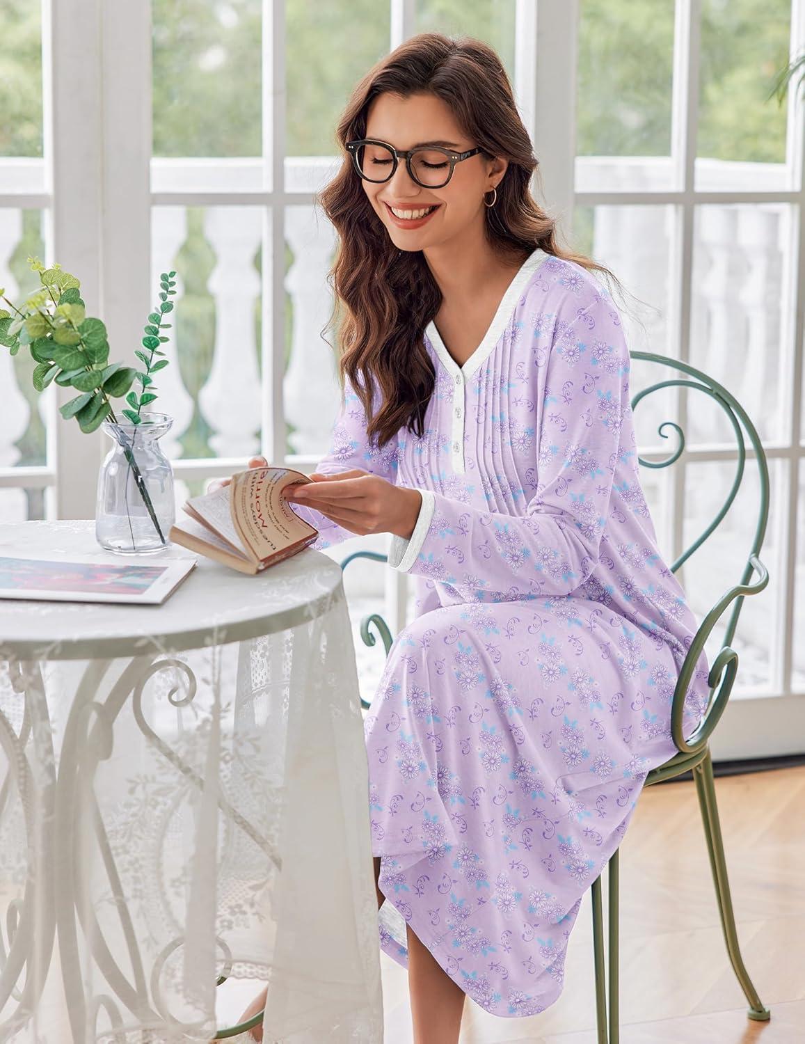 imageEkouaer Womens Long Sleeve Nightgown Full Length Sleepwear Long Sleepshirts Henley Sleep Dress S4XLPurple Flowers
